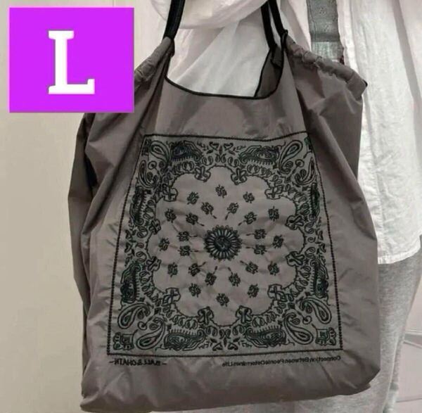 Ball&Chain エコバッグ Lサイズ グレー 花柄 黒刺繍 軽量 撥水 大容量 折りたたみ可能 コンパクトな バンダナ柄