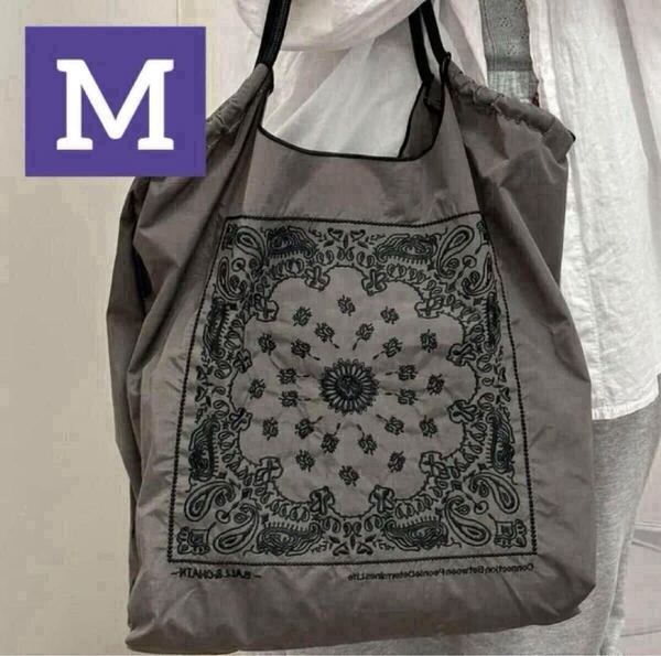 Ball&Chain エコバッグ Mサイズ グレー 花柄 刺繍 軽量 撥水 大容量 折りたたみ可能 秋冬 買い物袋 バンダナ柄