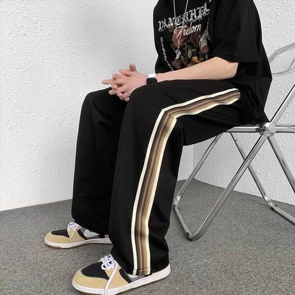 サイドライン ジャージパンツ 黒 XLサイズ ストリート スウェット ワイドパンツ ユニセックス ブラック 長ズボン 動きやすい
