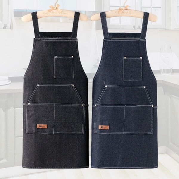 デニムエプロン 2枚セット 黒×紺 男女兼用 お揃い 料理 キッチン 園芸 掃除 DIY 作業 ガーデニング カジュアル シンプル