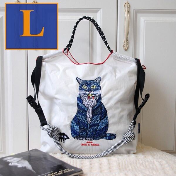 Ball&Chain 猫柄 エコバッグ ホワイト Lサイズ 白黒ショルダー用ストラップ付き 軽量 撥水 大容量 折りたたみ可能