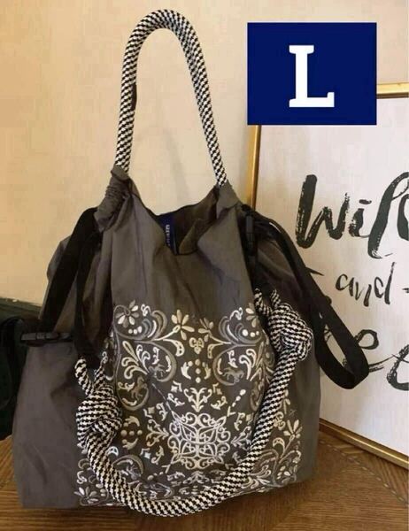 Ball&Chain エコバッグ Lサイズ グレー 花柄 白刺繍 軽量 撥水 折りたたみ可能 コンパクト収納 バンダナ柄 買い物袋