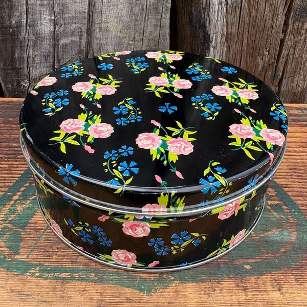 【USA vintage】round tin can Flower 缶 花柄 アメリカ ビンテージ