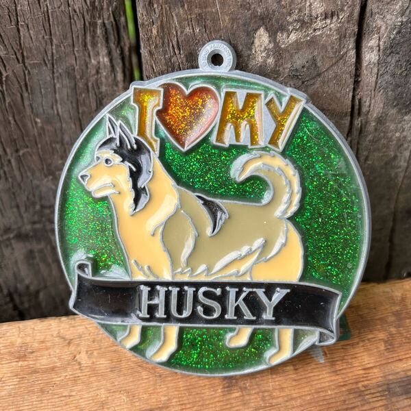 【USA vintage】stained glass ornament HUSKY ステンドグラス オーナメント 犬 ハスキー アメリカ ビンテージ