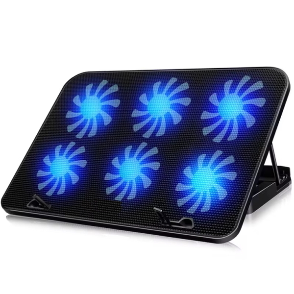 ノートパソコン冷却パッド 動作快適ノートPCクーラーFAN 6個冷却ファン搭載 ブルーLEDライト 増設USB付 5段階角度調節 風量調節ダイヤル付