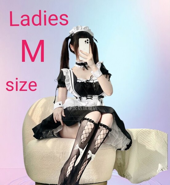 【6点セット・M】春夏秋 メイド 半袖 ミニ丈 ワンピース ゆめかわ ロリータ コスプレ アイドル イベント 学祭 リストバンド レッグリング