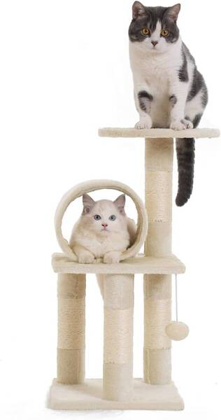 キャットタワー 猫タワー 木製 スリム 据え置き 多頭飼い 見晴台 トンネル付き ボンボン 麻紐 高さ65cm 耐荷重10kg 安定性良い(グレー)