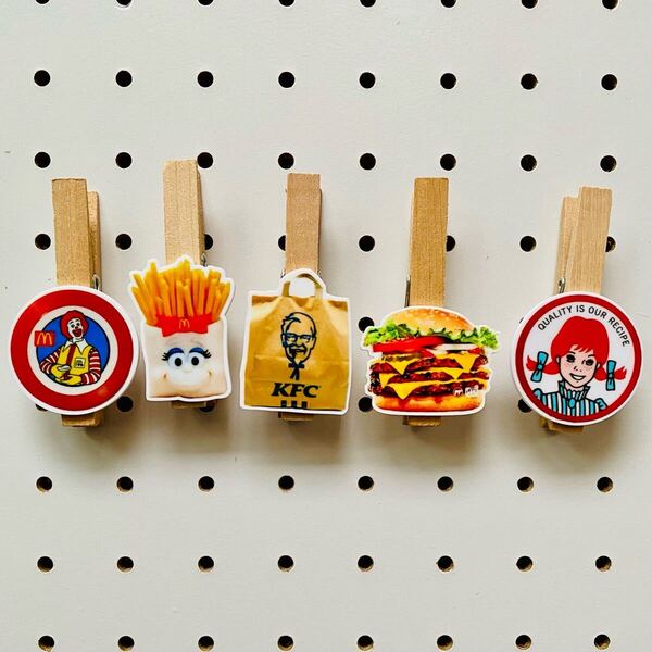 《①マグネットクリップ バーガー》木製ピンチ クリップ マグネット キッチンマグネット アメリカン 文房具 5個セット