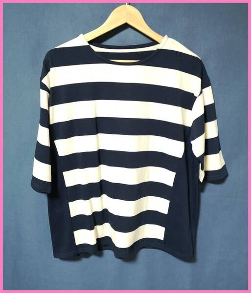 BLS‐93‐2春夏☆新品☆送料込み☆即決☆ナチュラル系☆ポリエステル綿☆M~L☆厚手のTシャツ素材☆ネイビー×クリーム色☆ボーダー
