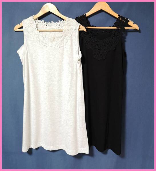 TSET‐577夏☆新品☆送料込み☆即決☆ナチュラル系☆Tシャツ素材☆2枚セット☆チュニック☆M~Lサイズ☆ナチュラルホワイトと黒