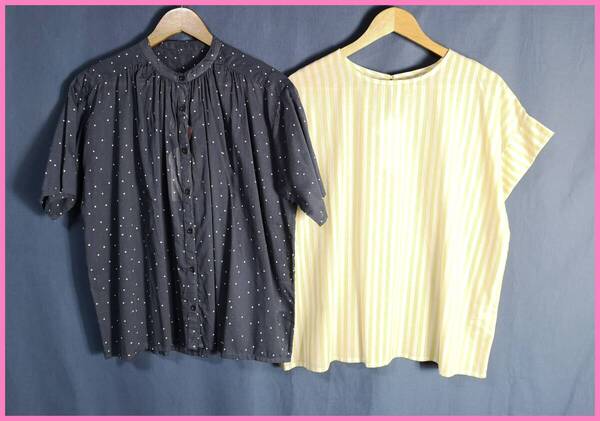 SET‐407☆夏☆新品☆送料込み☆即決☆ナチュラル系☆薄手のインド綿☆2枚セット☆M~L☆ブラウス☆ネイビー系と黄色系☆透け感有り