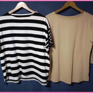TSET‐572☆春夏☆サンプル品☆送料込み☆即決☆ナチュラル系☆Tシャツ素材☆2枚セット☆Tシャツ☆Lサイズ☆白×黒とベージュ系
