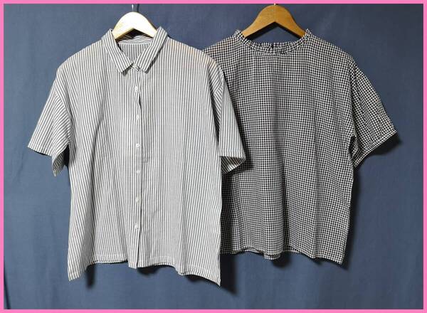 SET‐419☆夏☆新品☆送料込み☆即決☆ナチュラル系☆薄手のインド綿☆2枚セット☆M~Lサイズ☆ブラウス☆白×ネイビーと白×黒