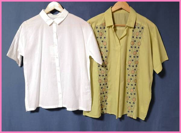 SET‐434☆夏☆新品☆送料込み☆即決☆ナチュラル系☆薄手のインド綿☆2枚セット☆M~Lサイズ☆ブラウス☆白とくすんだ黄色系☆
