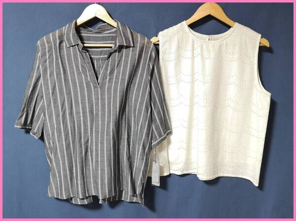 SET‐431☆夏☆新品☆送料込み☆即決☆ナチュラル系☆薄手のインド綿☆2枚セット☆M~L☆ブラウス☆濃いグレーと白系☆透け感有り