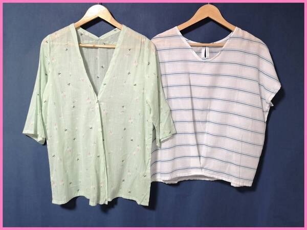 SET‐423☆夏☆新品☆送料込み☆即決☆ナチュラル系☆薄手のインド綿☆2枚☆M~L☆ブラウス☆薄いグリーン系と白×青☆透け感有り