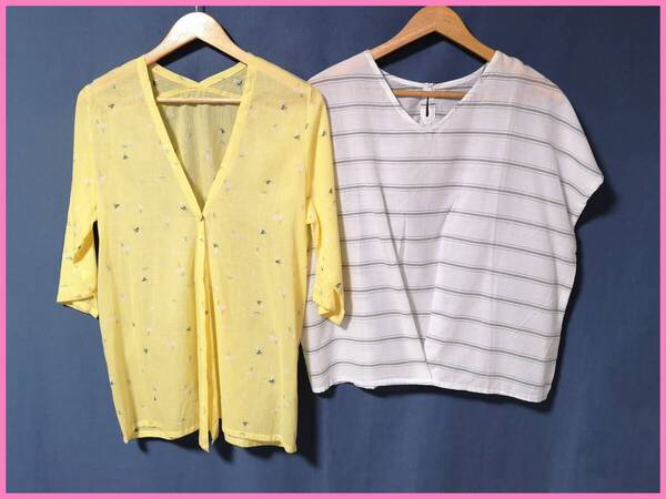 SET‐424夏☆新品☆送料込み☆即決☆ナチュラル系☆薄手のインド綿☆2枚セット☆M~L☆ブラウス☆黄色系と白×グレー☆透け感有り