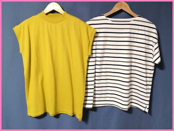 TSET‐563☆夏☆サンプル品☆送料込み☆即決☆Tシャツ素材☆2枚セット☆Tシャツ☆M~Lサイズ☆マスタード系と白×黒×こげ茶色