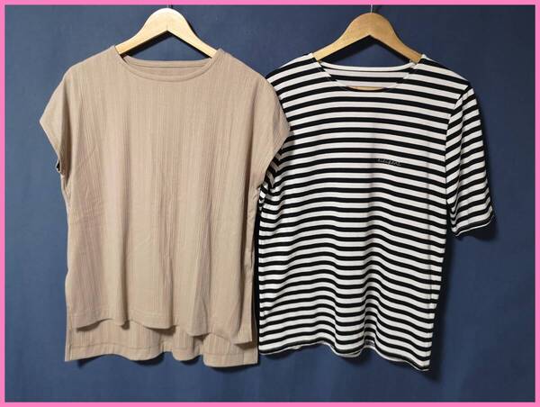 TSET‐622☆春夏秋☆新品☆送料込み☆即決☆ナチュラル系☆Tシャツ素材☆2枚セット☆M~L☆Tシャツ☆ベージュと黒×ベージュ☆
