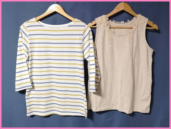 TSET‐628☆春夏☆新品とサンプル☆送料込み☆即決☆ナチュラル系☆Tシャツ素材☆2枚☆Mサイズ☆Tシャツ☆白青黄色とベージュ