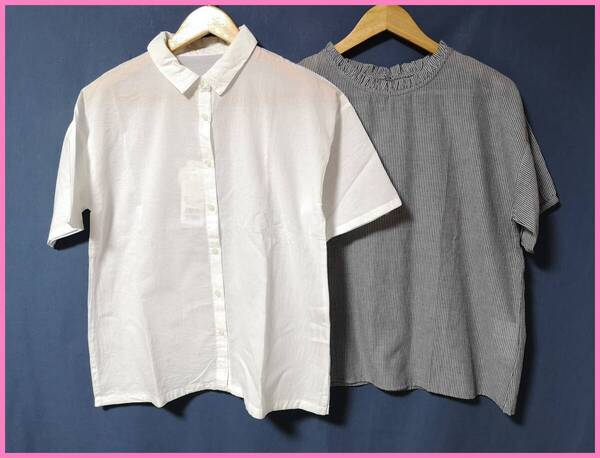SET‐420☆夏☆新品☆送料込み☆即決☆ナチュラル系☆薄手のインド綿☆2枚セット☆M~Lサイズ☆ブラウス☆白と白×グレー