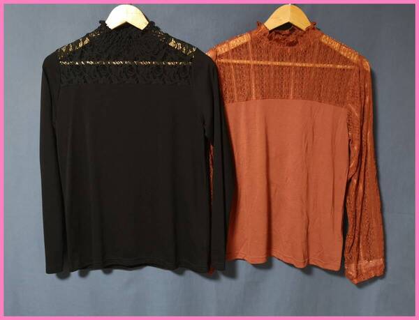 TSET‐627☆春夏秋☆サンプルと新品☆送料込み☆即決☆ナチュラル系☆Tシャツ素材☆2枚セット☆M☆Tシャツ☆黒と赤茶色☆レース