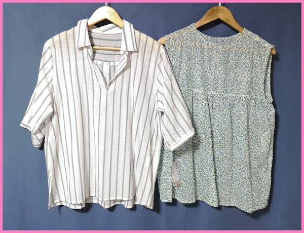 SET‐427☆夏☆新品☆送料込み☆即決☆ナチュラル系☆薄手のインド綿☆2枚セット☆M~L☆ブラウス☆白×グレーと白系☆透け感有り