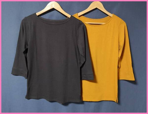 TSET‐607春夏☆新品☆送料込み☆即決☆ナチュラル系☆Tシャツ素材2枚セット☆Mサイズ☆Tシャツ☆濃いグレーと黄土色系☆七分袖