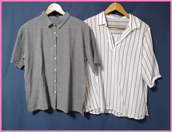 SET‐418☆夏☆新品☆送料込み☆即決☆ナチュラル系☆薄手のインド綿☆2枚セット☆M~Lサイズ☆ブラウス☆白×黒と白×グレー