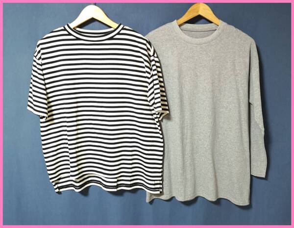 TSET‐573☆春夏秋☆新品☆送料込み☆即決☆ナチュラル系☆Tシャツ素材☆2枚セット☆Tシャツ☆M~L☆黒×クリーム色とグレー