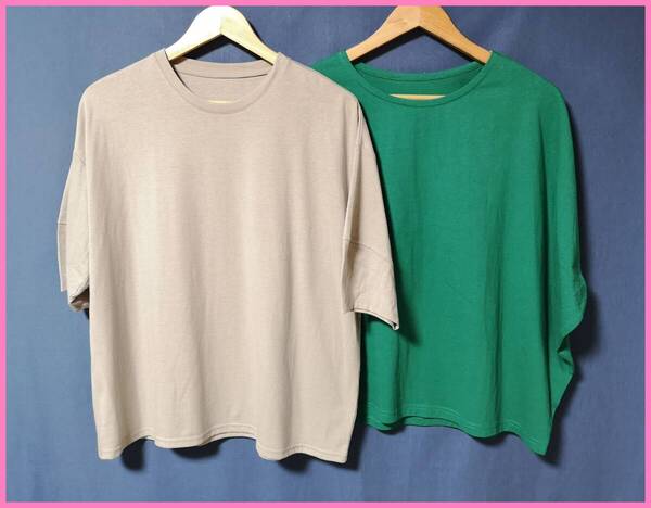 TSET‐513☆夏☆新品☆送料込み☆即決☆ナチュラル系☆Tシャツ素材☆2枚セット☆M~Lサイズ☆Tシャツ☆ベージュと緑色