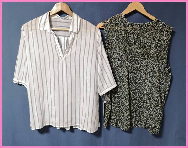 SET‐426☆夏☆新品☆送料込み☆即決☆ナチュラル系☆薄手のインド綿☆2枚セット☆M~Lサイズ☆ブラウス☆白×グレーとネイビー系