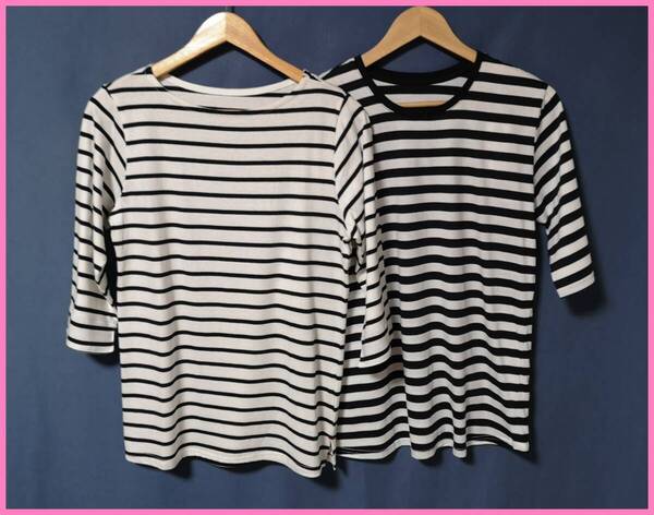 TSET‐593☆春夏☆新品☆送料込み☆即決☆ナチュラル系☆Tシャツ素材☆2枚セット☆Lサイズ☆Tシャツ☆白×黒☆七分袖