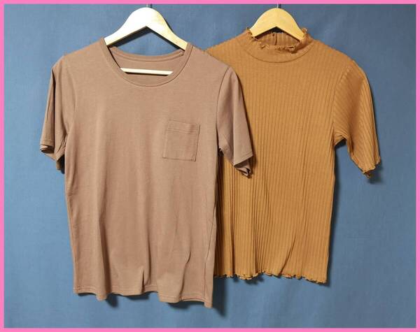 TSET‐611☆春夏☆新品☆送料込み☆即決☆ナチュラル系☆Tシャツ素材☆2枚セット☆Mサイズ☆Tシャツ☆ブラウン系☆リブ編み