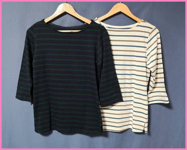TSET‐609☆春夏☆新品☆送料込み☆即決☆ナチュラル系☆Tシャツ素材☆2枚セット☆Mサイズ☆Tシャツ☆ボーダー柄☆七分袖