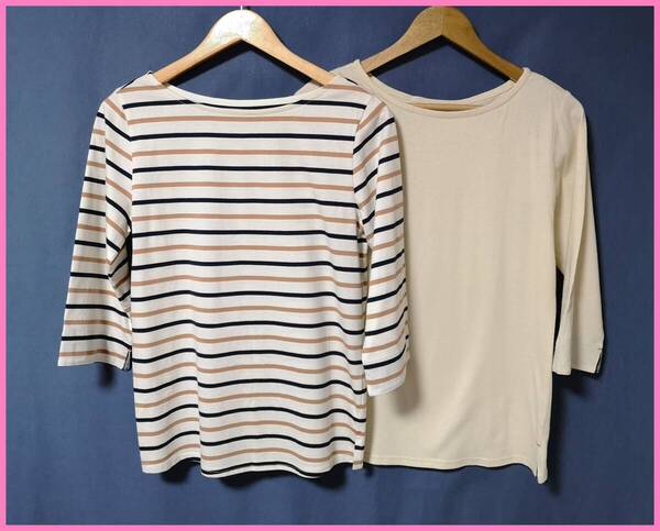 TSET‐610☆春夏☆新品☆送料込み☆即決☆ナチュラル系☆Tシャツ素材☆2枚セット☆Mサイズ☆Tシャツ☆ボーダー柄☆七分袖