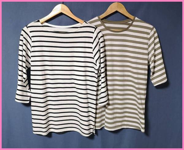 TSET‐592☆春夏☆新品☆送料込み☆即決☆ナチュラル系☆Tシャツ素材☆2枚セット☆Lサイズ☆Tシャツ☆白×黒と白×カーキ☆七分袖