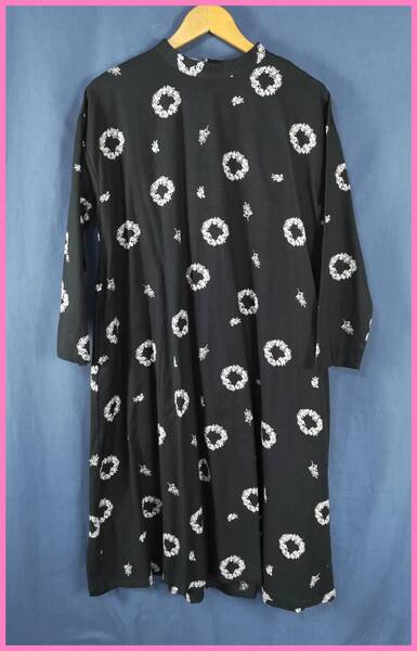 WH‐396‐3春夏秋☆新品☆送料込み☆即決☆ナチュラル系☆綿麻混☆M~Lサイズ☆ワンピース☆チャコールグレー☆植物柄☆長袖☆