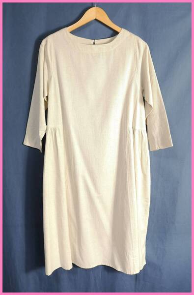 WH‐328‐2☆春秋☆新品☆送料込み☆即決☆ナチュラル系☆綿麻混☆M~Lサイズ☆ワンピース☆クリーム色☆透けにくい素材☆ゆったり