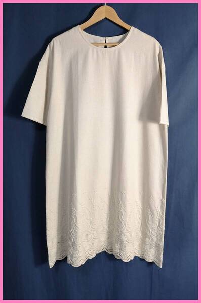 WH‐283☆春夏☆新品☆送料込み☆即決☆ナチュラル系☆綿麻混☆M~Lサイズ☆ワンピース☆クリーム色☆刺繍☆ゆったり☆
