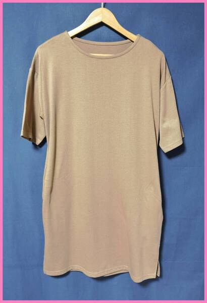 WHT‐58☆夏☆新品☆送料込み☆即決☆ナチュラル系☆厚手のTシャツ素材☆M~Lサイズ☆ワンピース☆ブラウン系