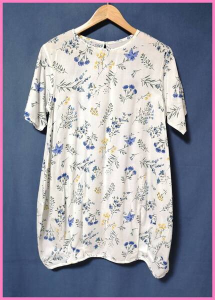 WH‐462☆夏☆サンプル品☆送料込み☆即決☆ナチュラル系☆薄手のインド綿☆M~Lサイズ☆ワンピース☆白☆青系花柄☆透け感有り☆