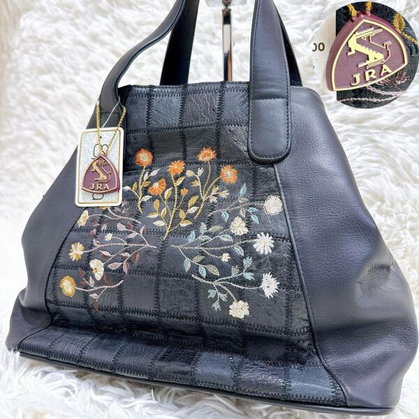 未使用 JRA認定 ワニ革 ハンドバッグ 花柄刺繍 タグ付き ブラック 高級素材 日本製ワニ革製品協会認定 レザー 本革 フォーマルバッグ