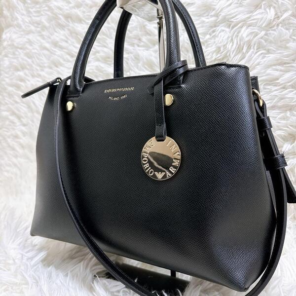 美品 EMPORIO ARMANI エンポリオアルマーニ レザーバッグ 2WAY ハンドバッグ ショルダー 黒 ブラック ゴールド金具