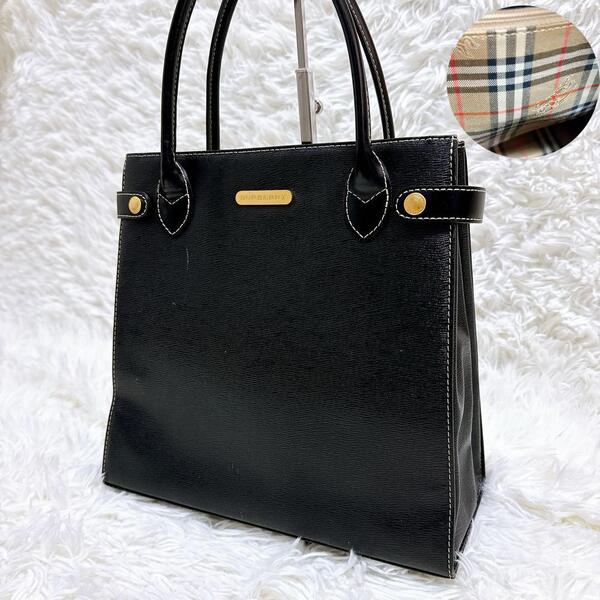 美品 BURBERRY バーバリー ノバチェック トートバッグ ハンドバッグ ブラック ゴールド金具 レディース メンズ可 通勤 通学 フォーマル