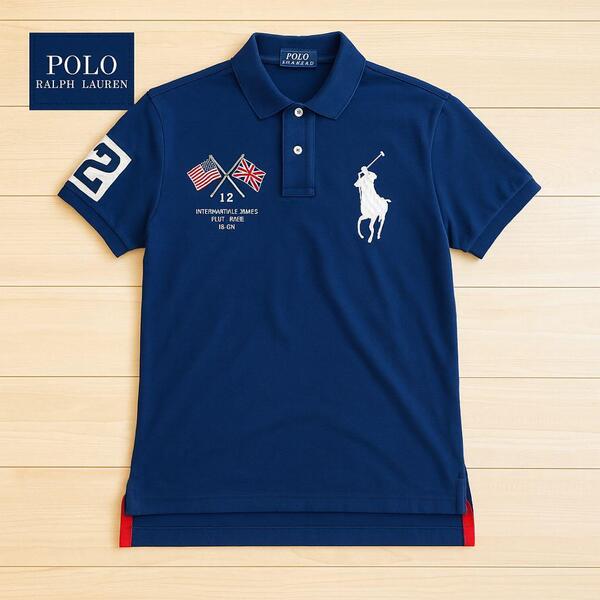 POLO by Ralph Lauren ポロラルフローレン ビッグポニー カスタムフィット USAワッペン ポロシャツ アメリカ国旗 スポーツMIX ネイビーポロ