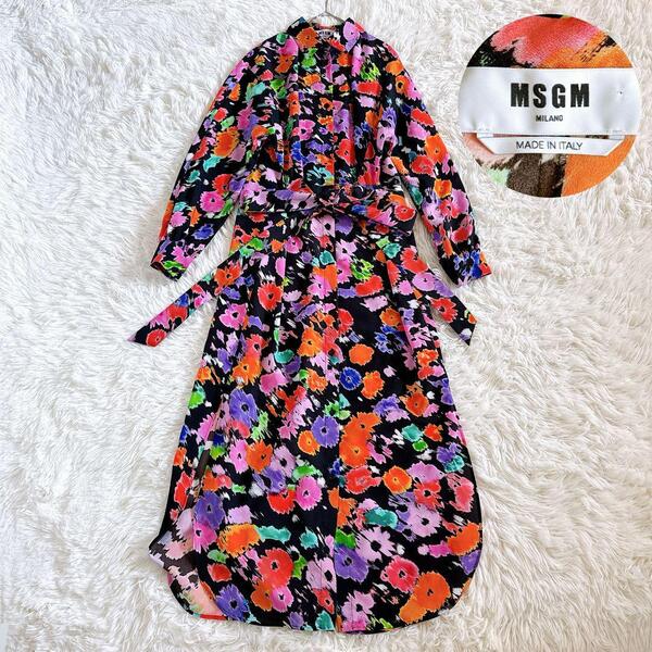 美品 MSGM エムエスジーエム ポップフラワー プリントシャツワンピース 36サイズ 総柄 花柄 クレープ素材 フローラル Aライン フレア