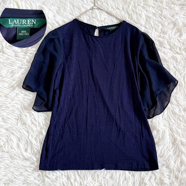 RALPH LAUREN ラルフローレン シアースリーブ ロゴボタンブラウス シフォン ネイビー 紺 シアースリーブ 半袖トップス カットソー
