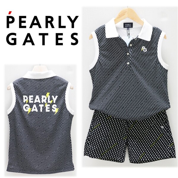 《パーリーゲイツ》新品 定価49,500円 ドットエア快適素材 カミナリ・ロゴ柄ポロシャツ+パンツ セットアップ ゴルフウェア 0(S)S1872
