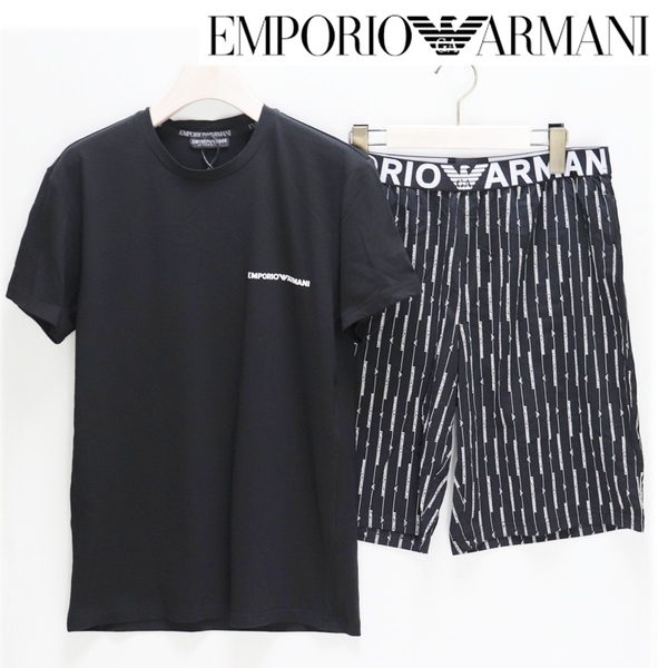 《EMPORIO ARMANI エンポリオアルマーニ》新品 伸縮性あり Tシャツ+ロゴ総柄パンツ 上下セット セットアップ インポートM(日本M〜L) S1899